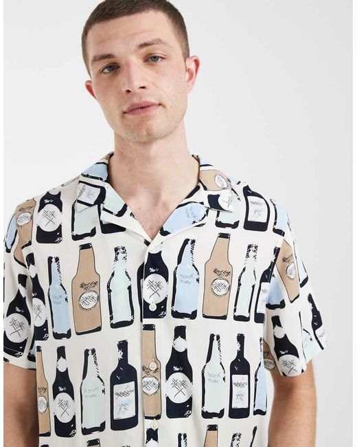 Blend White Bottle Repeat Motif Printed Regular Fit Shirt With Revere Collar for men