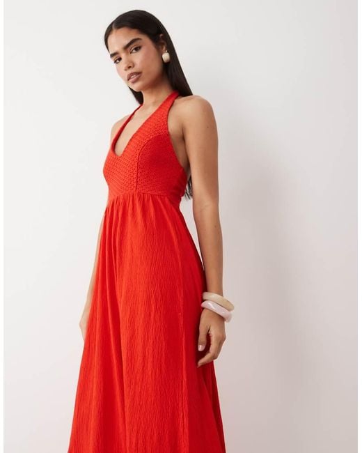 ASOS Red Crochet Halter Neck Tie Midi Dress