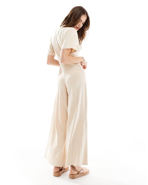 ASOS Natural Ruched Side Jumpsuit With Wide Leg