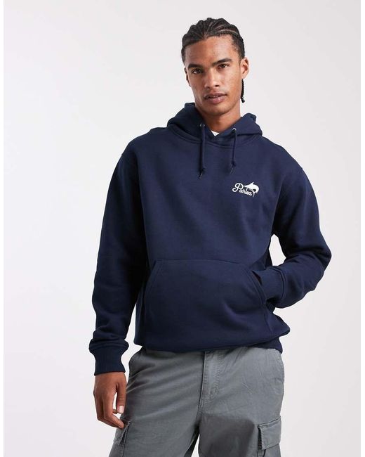 Parlez Blue Screen Printed Fishing Graphic Logo Hoodie With Back Print for men