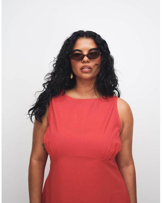ASOS Red Asos Design Curve Slash Neck Mini Sundress With Sculpted Bust And Broderie Hem