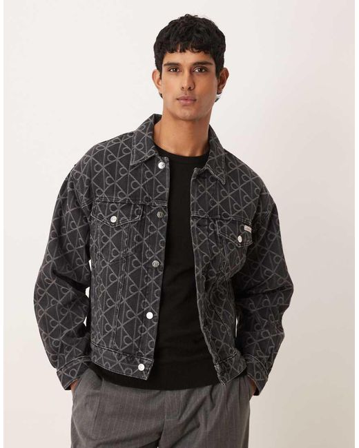 Calvin Klein Black Ck Emblem Jacquard Print Trucker Denim Jacket for men