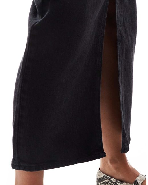 Vila Black High Waisted Denim Front Split Midi Skirt