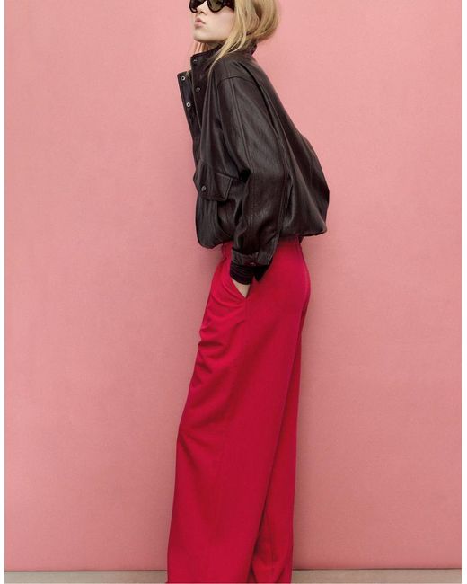 Stradivarius Red Smart Wide-leg Trousers With Buckle Detail
