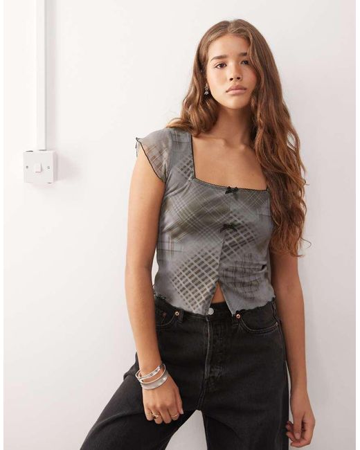 Reclaimed Vintage Gray Square Neck Split Front Mesh Top