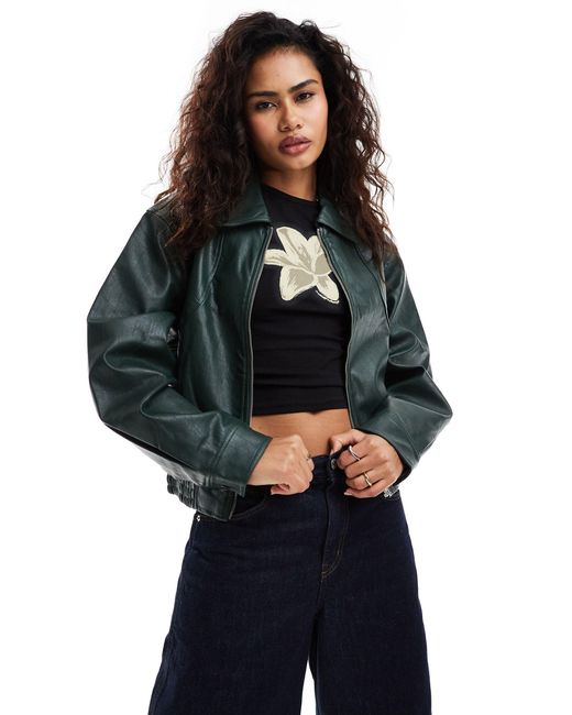 Moon River Blue Short Leather Bomber Jacket With Collar
