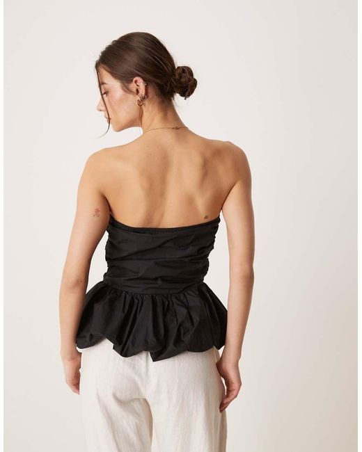 Glamorous Black Ruched Puffball Peplum Top