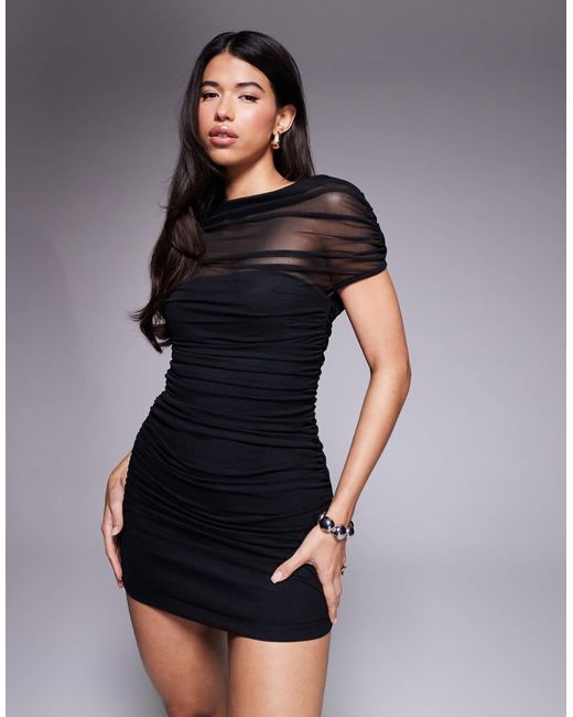 ASOS Blue Draped Shoulders Mesh Mini Dress With Ruching