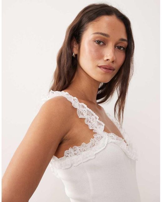 Miss Selfridge Brown Ribbed Bodysuit With Lace Ruffle Detail