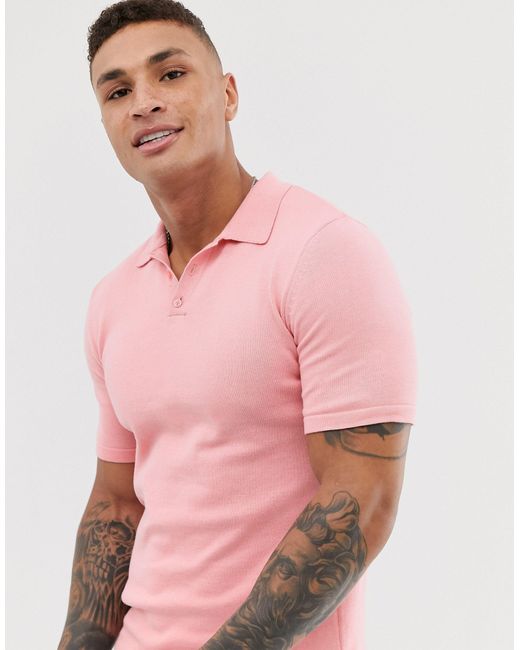 ASOS Pink Knitted Polo Shirt for men