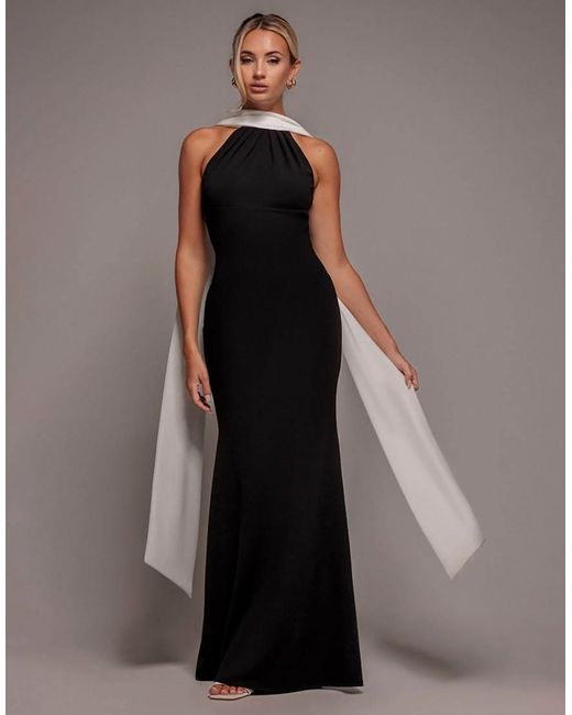 Goddiva Black Contrast Crepe Halterneck Maxi Dress With Sash