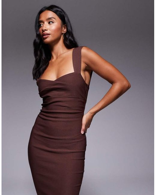 Vesper Petite Brown Bengaline Sweetheart Neckline Ruched Front Midaxi Dress