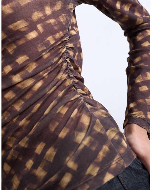 TOPSHOP Brown High Neck Ruched Check Print Long Sleeve Top