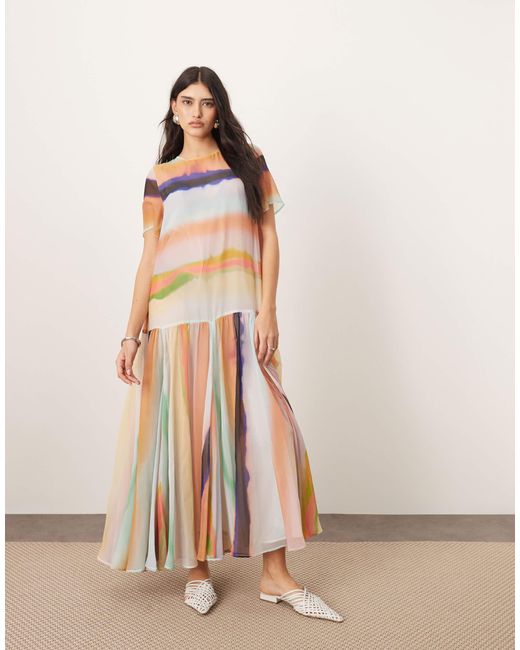 ARRANGE Sheer Chiffon Drop Waist Maxi T-shirt Dress in Natural | Lyst