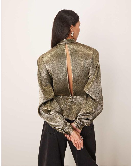 ARRANGE Brown Metallic Pleat Shoulder Pad Blouse