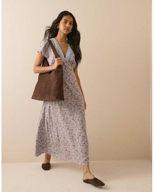 Nobody's Child Natural Ditsy Floral Lace Trim Kacey Midi Dress