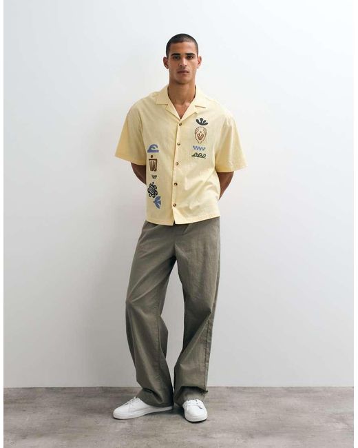 ASOS Natural Boxy Oversized Revere Shirt With Placement Print for men