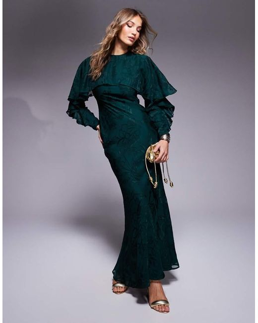 ASOS Multicolor Long Sleeve Ruffle Bias Maxi Dress With Cape Detail