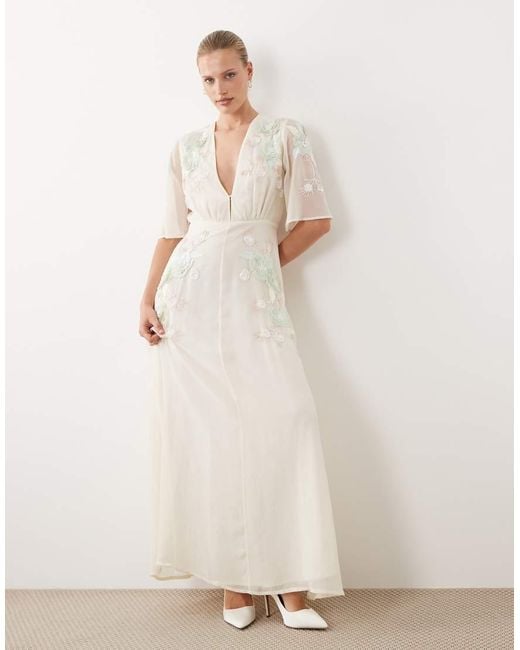 Hope & Ivy Natural Bridal V Neck Embellished Maxi Dress