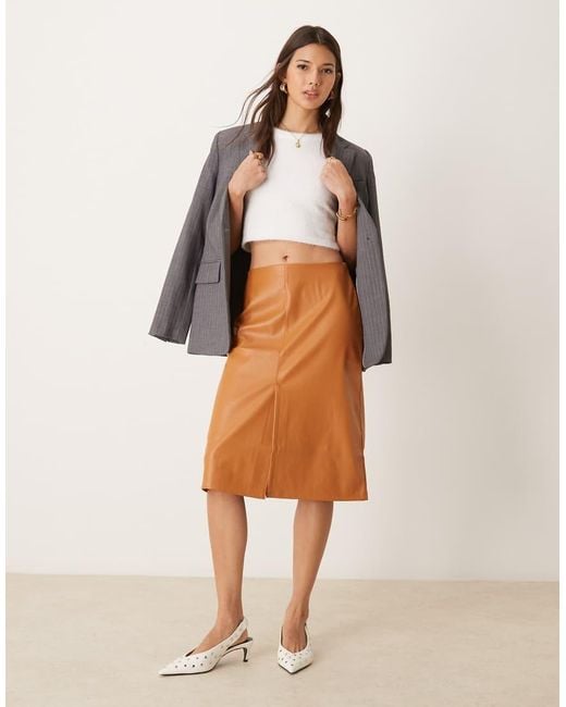 ASOS Brown Faux Leather Split Front Midi Skirt