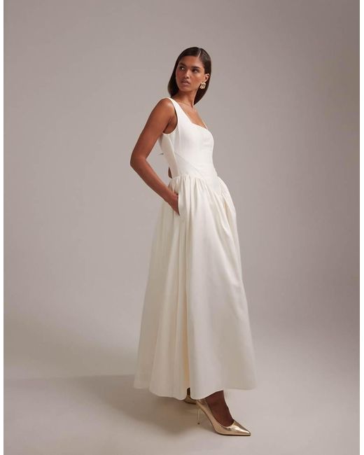 ASOS White Square Neck Structured Full Skirt Midi Wedding Dress
