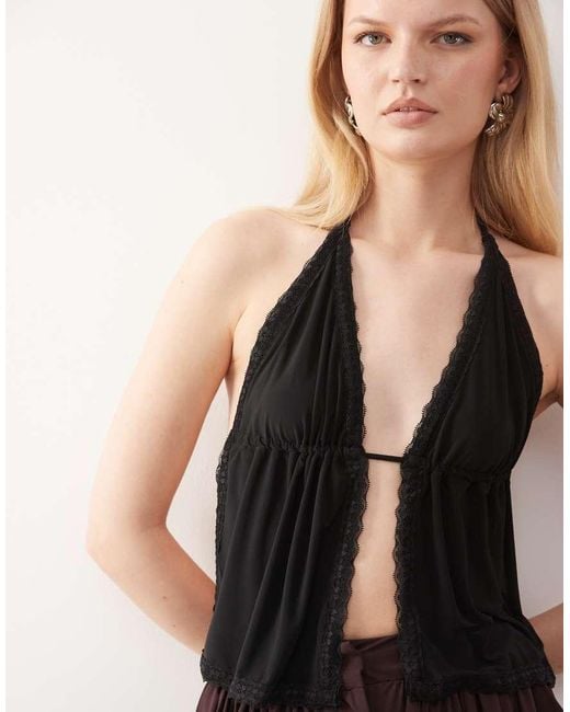 Collusion Black Backless Ruched Front Strappy Top With Lace Trim -brown