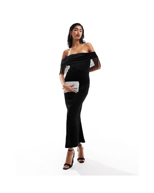 ASOS Velvet Bardot Midi Dress With Drape Bodice And Fringe Trim in