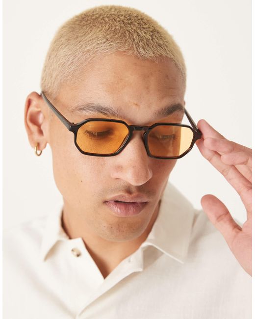 ASOS – runde pilotensonnenbrille mit em rahmen und bernsteinfarbenen gläsern in Natural für Herren