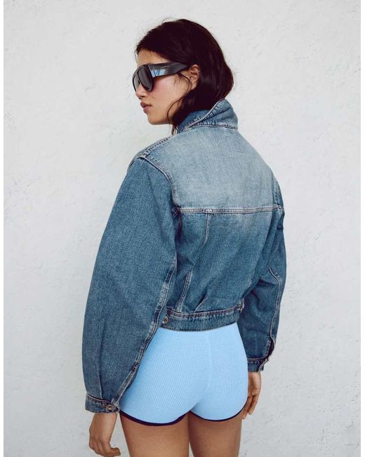 Bershka Blue Cropped Balloon Denim Jacket