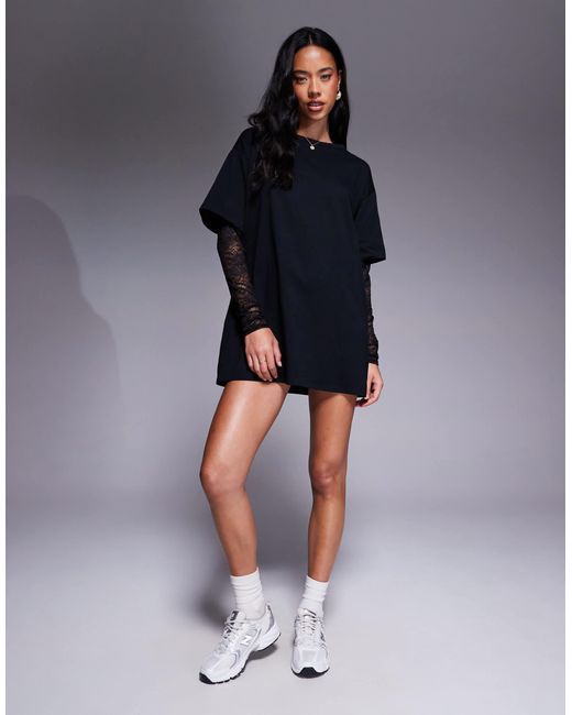 Fashionkilla Blue Exclusive Cotton Lace Sleeve Mini T-shirt Dress