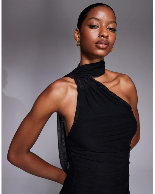 Fashionkilla Blue Exclusive Mesh Overlay Neck Tie Detail Sheer Hem Maxi Dress