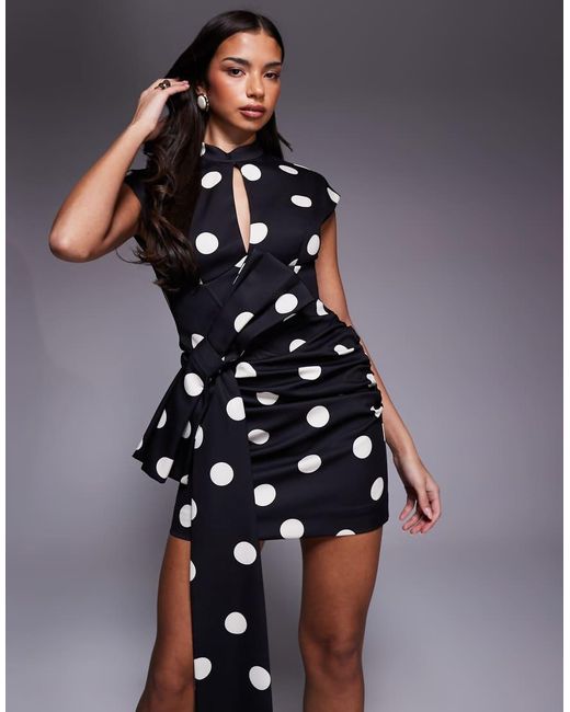 ASOS Blue Polka Dot Mini Dress With Oversized Bow And Drape Detail