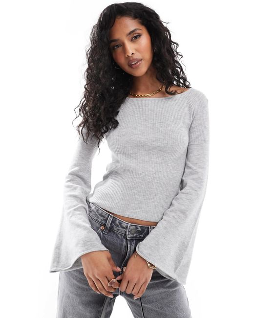Pieces White Structured Rib Knit Top With Flared Sleeve
