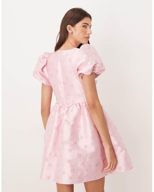 Sister Jane Pink Exclusive V Neck Puff Sleeve Bow Mini Dress