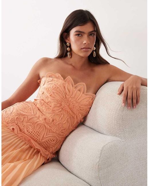 ARRANGE Orange Abstract Cutwork Bandeau Maxi Dress With Pleat Skirt