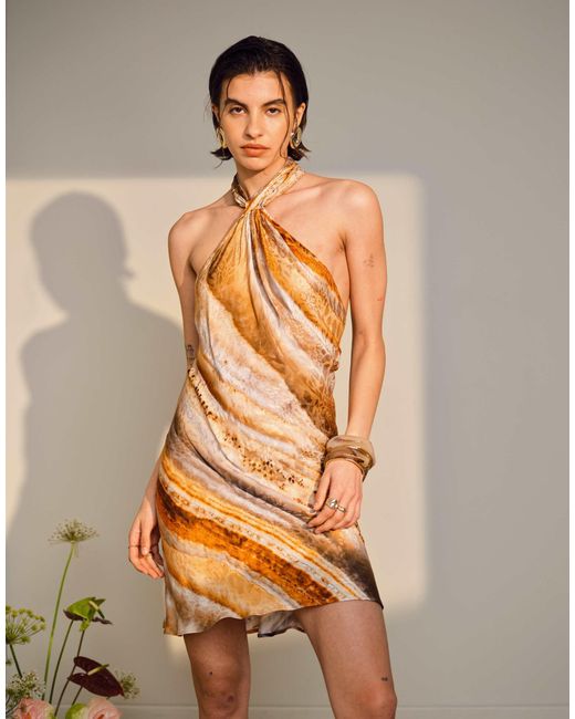 TOPSHOP Natural Tie Neck Halter Mini Dress Satin