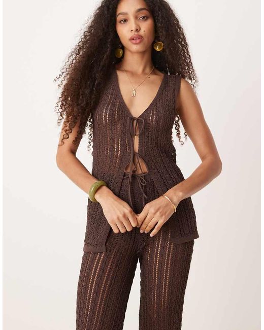 Mango Brown Crochet Tie Front Sleeveless Top Co-ord