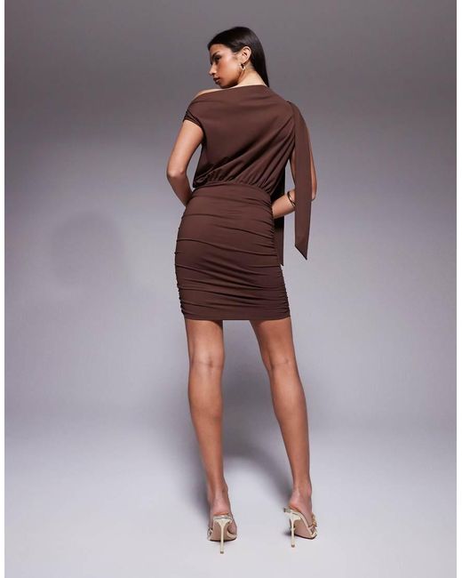 The Frolic Brown Exclusive Slinky Off Shoulder Tie Shoulder Mini Dress