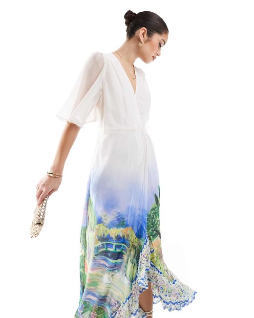 Hope & Ivy White Flutter Sleeve Maxi Wrap Dress With Tie Waist