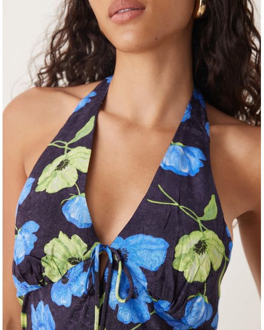 Mango Blue Tie Front Halterneck Maxi Dress