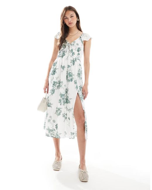Hollister Melkmeisjes Midi Jurk Met Korte Mouwen En Split in het White