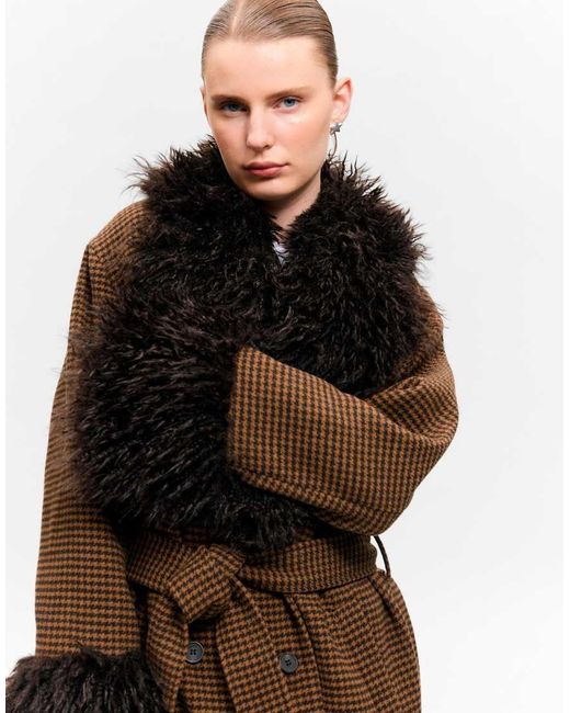 Monki Black Wool Blend Belted Maxi Coat With Fur Collar And Cuffs Detail