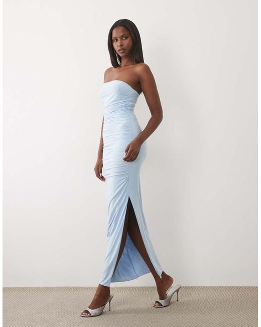 Missy Empire Blue Double Sculpted Slinky Bandeau Ruched Waist Detail Maxi Dress
