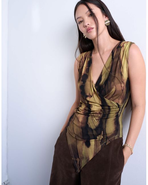TOPSHOP Brown Abstract Print Asymmetric Wrap Detail Top