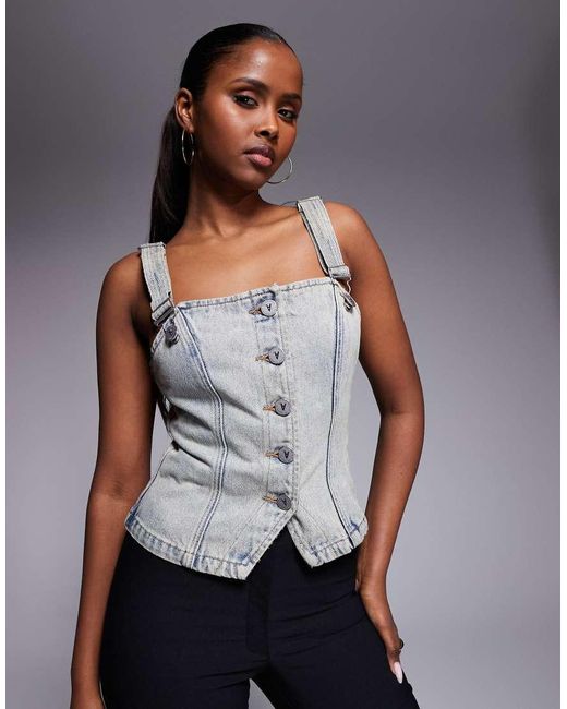 Abrand Jeans Gray Denim Halter Neck Buttoned Waistcoat Co-ord