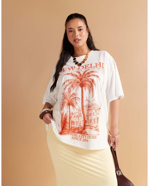 ASOS Natural Asos Design Curve Oversized T-Shirt With New Delhi Embellished Graphic