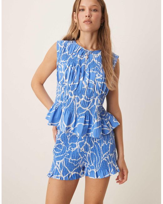 ASOS Blue Linen Blend Shirred Knicker Shorts Co-ord