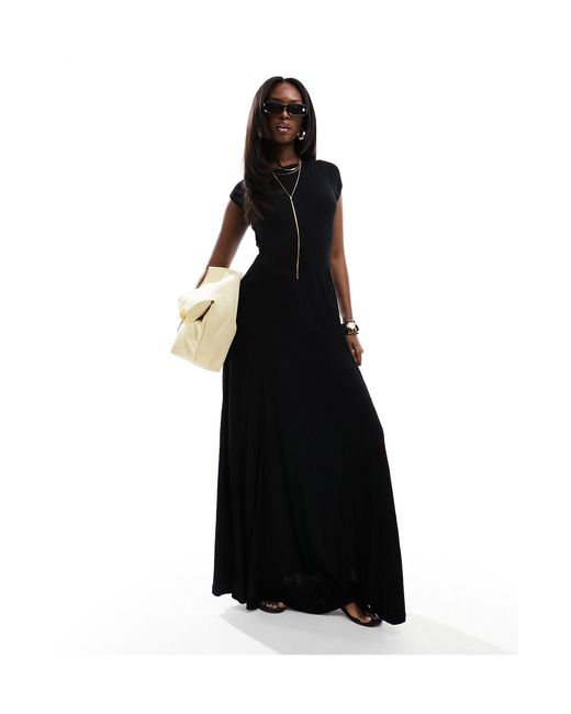 ASOS Black Shirred Bodice Short Sleeve Maxi Dress