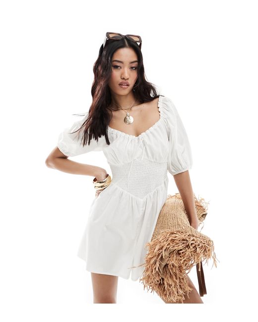 ASOS White Poplin Milkmaid Balloon Sleeve Playsuit With Lace Neck Detail