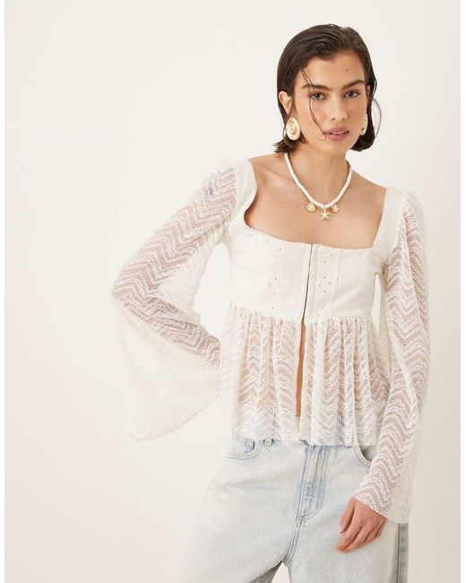 ASOS Natural Long Flared Sleeve Peplum Hem Top